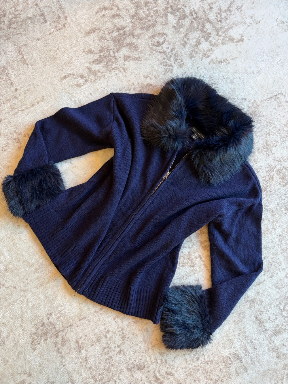 Navy Fur Trim Zip Front Sweater Jacket